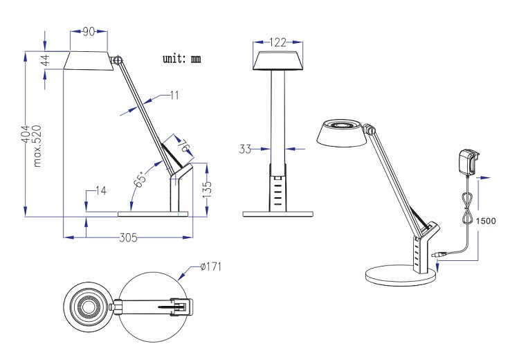 523090132 AVA Bureaulamp 5,2w 600lm 3000>4000>6000k Dim