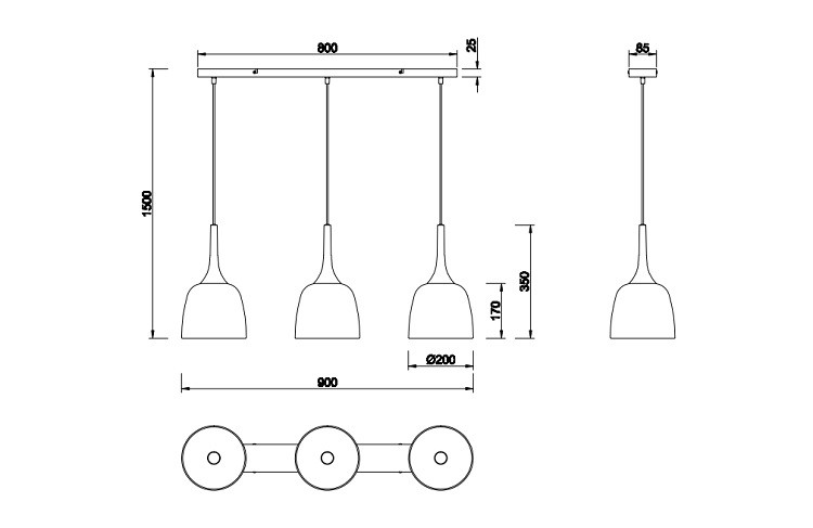 310800308 CHIRON Hanglamp 3xE27 Zwart Champagne