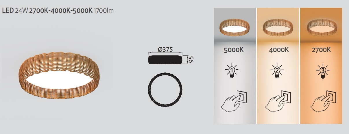 Plafondlamp 24w 2500lm CCT Rotan