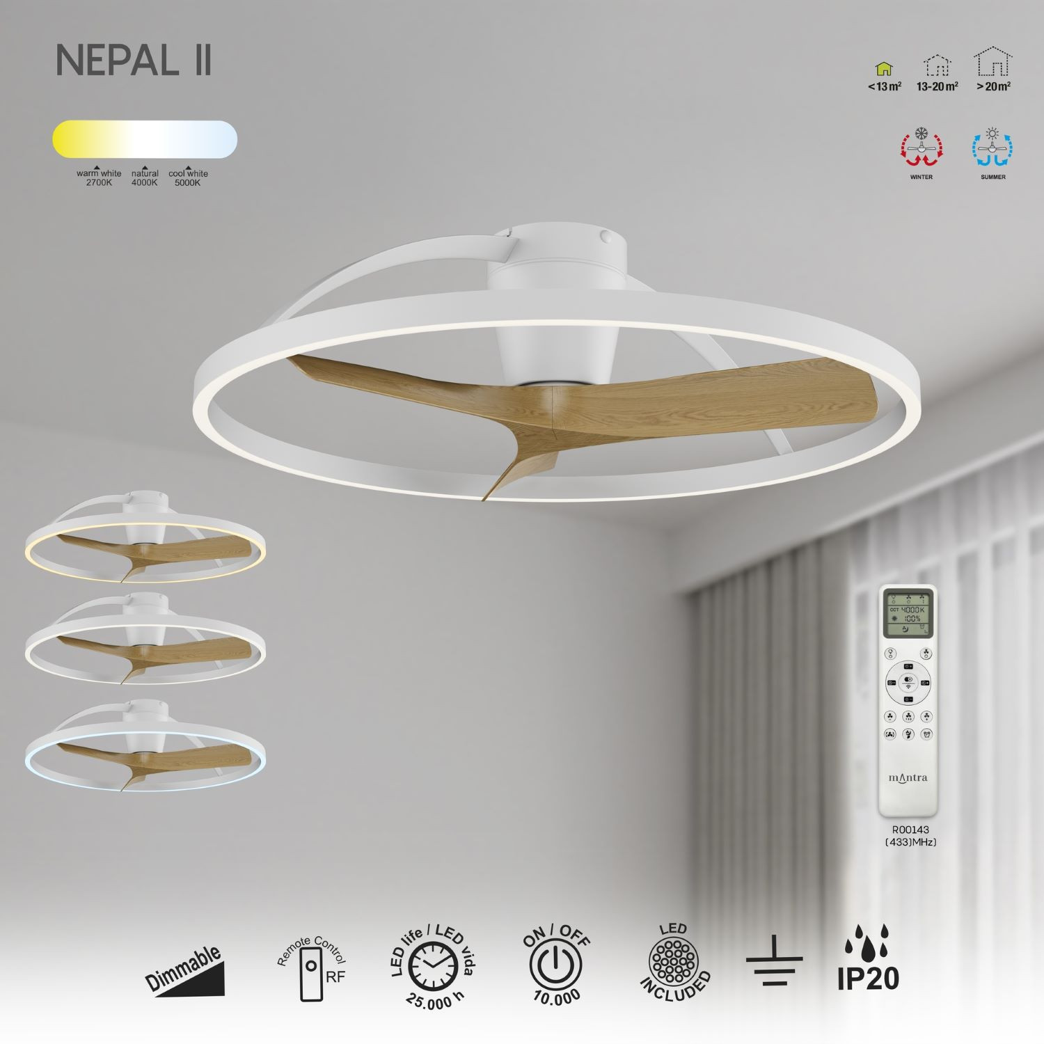 Plafondventilator 32w 2200lm CCT Wit Hout