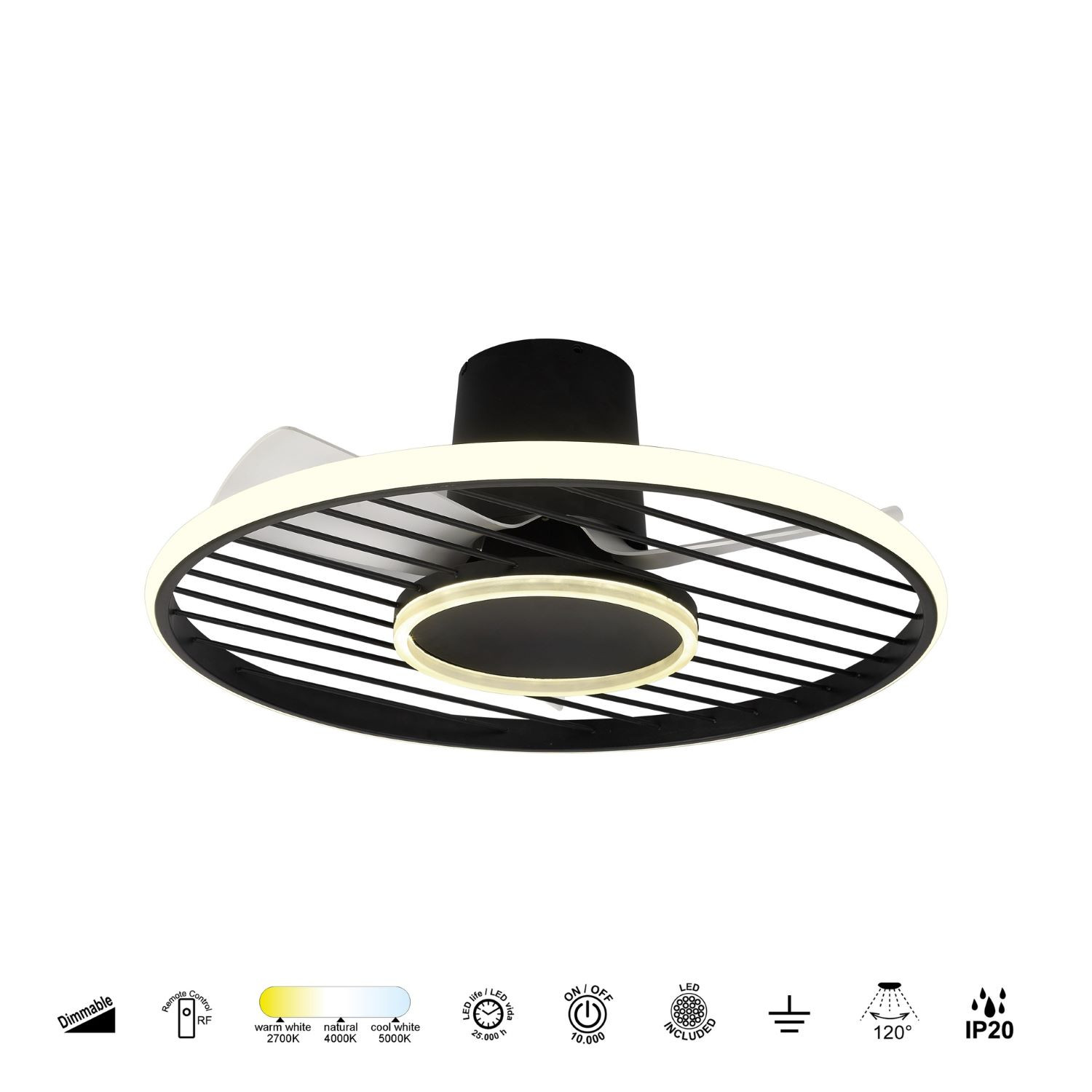 Plafondventilator 45w 4950lm CCT zwart