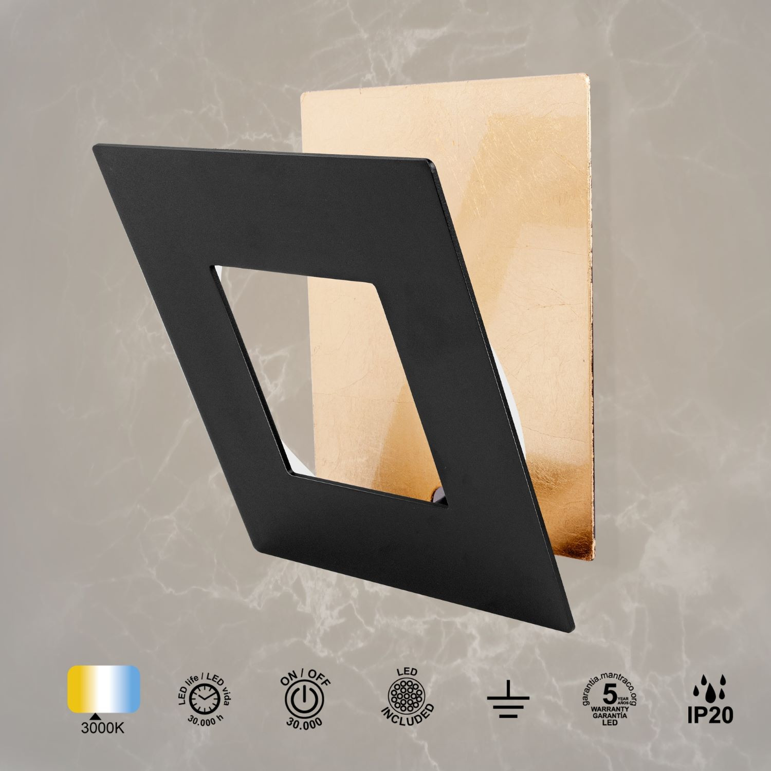 Wandlicht 12w 840lm 3000k Zwart Goud