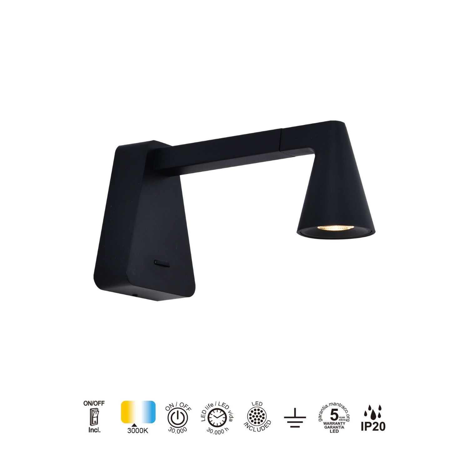 Wandlicht 5w 450lm 3000k zwart