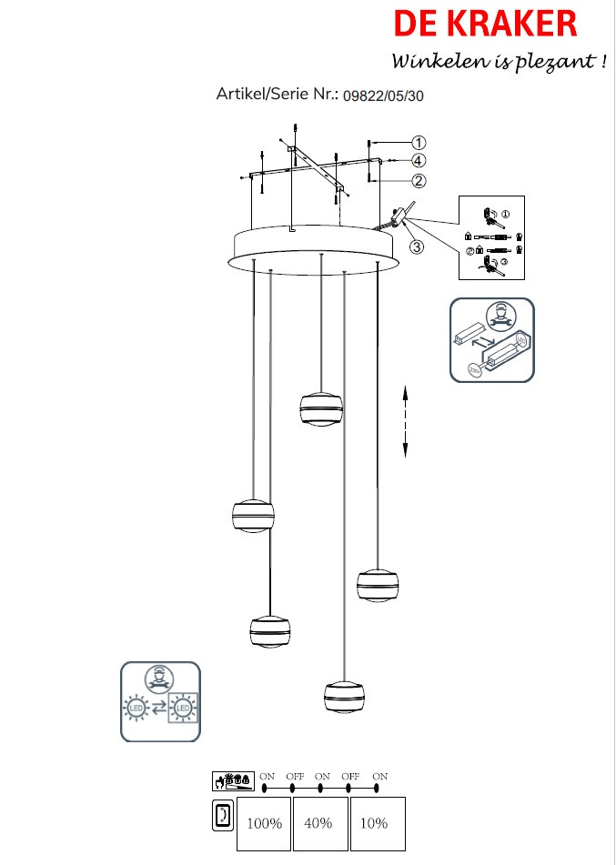 09822/05/30 WISSENT Pendel 5L 30w 3200lm 3000k Zwart/Goud