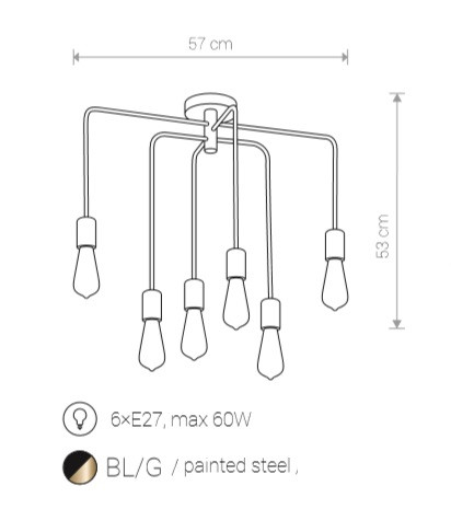 Plafondlamp/Hanglamp 6xE27 Antiek Zwart/Mat Koper