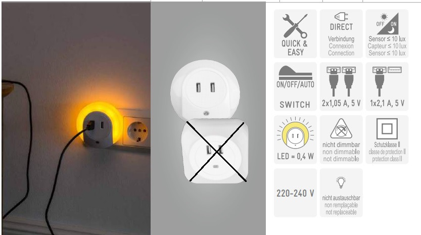 LED Nachtlicht sensor 0,4w 50lm warm (2xUSB)