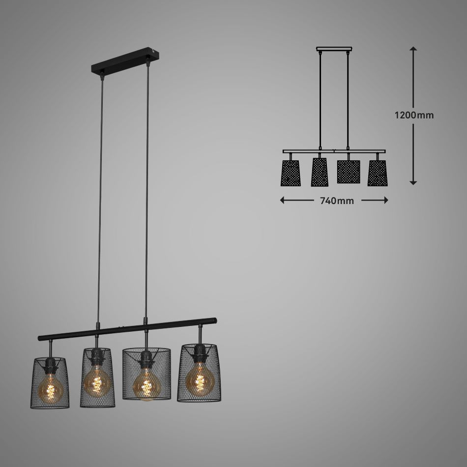 Luster 4xE27 Zwart mesh