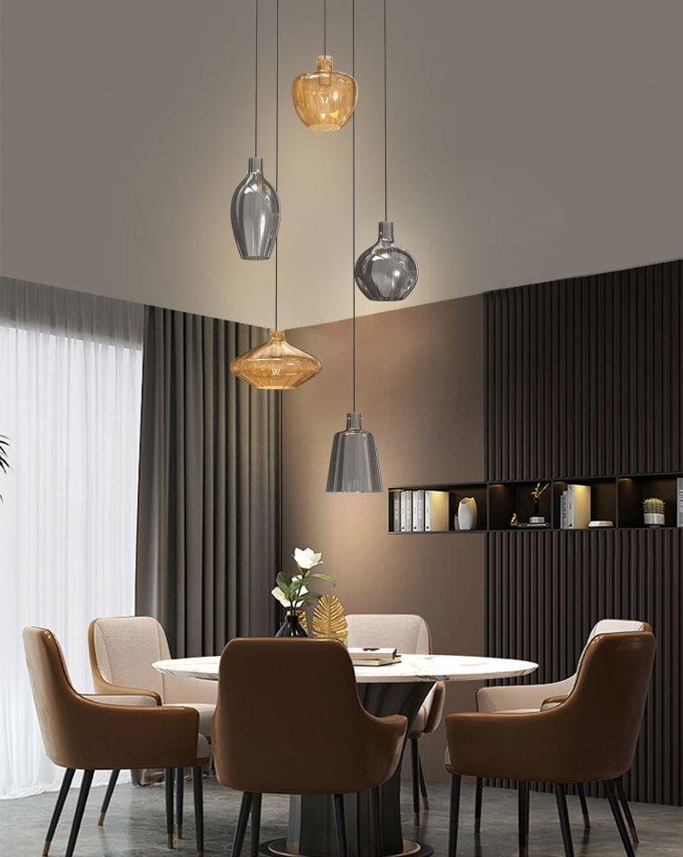 Hanglamp 5xE14 Matgoud+Smoke+Amber