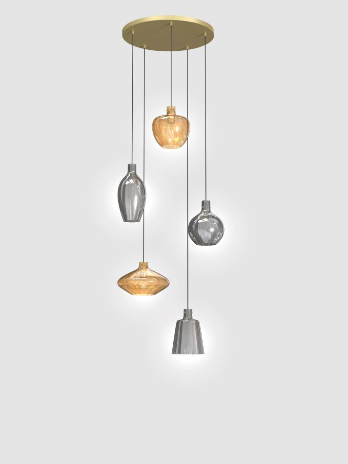 Hanglamp 5xE14 Matgoud+Smoke+Amber