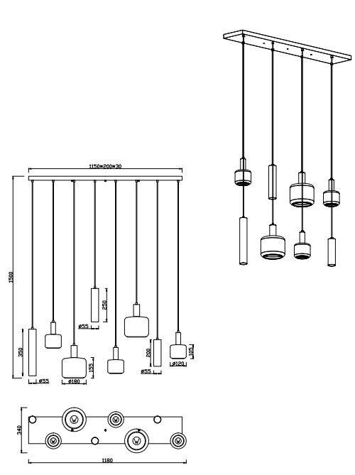 364100832 MATARO Hanglamp 2xE27 2xE14 3xGU10 zwart