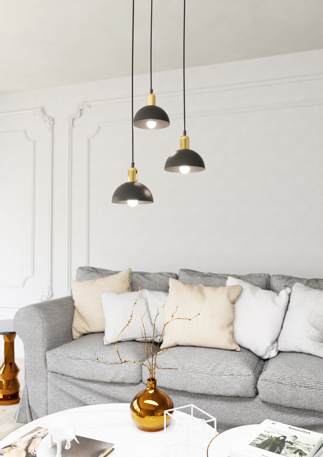 Hanglamp 3xE27 zwart messing