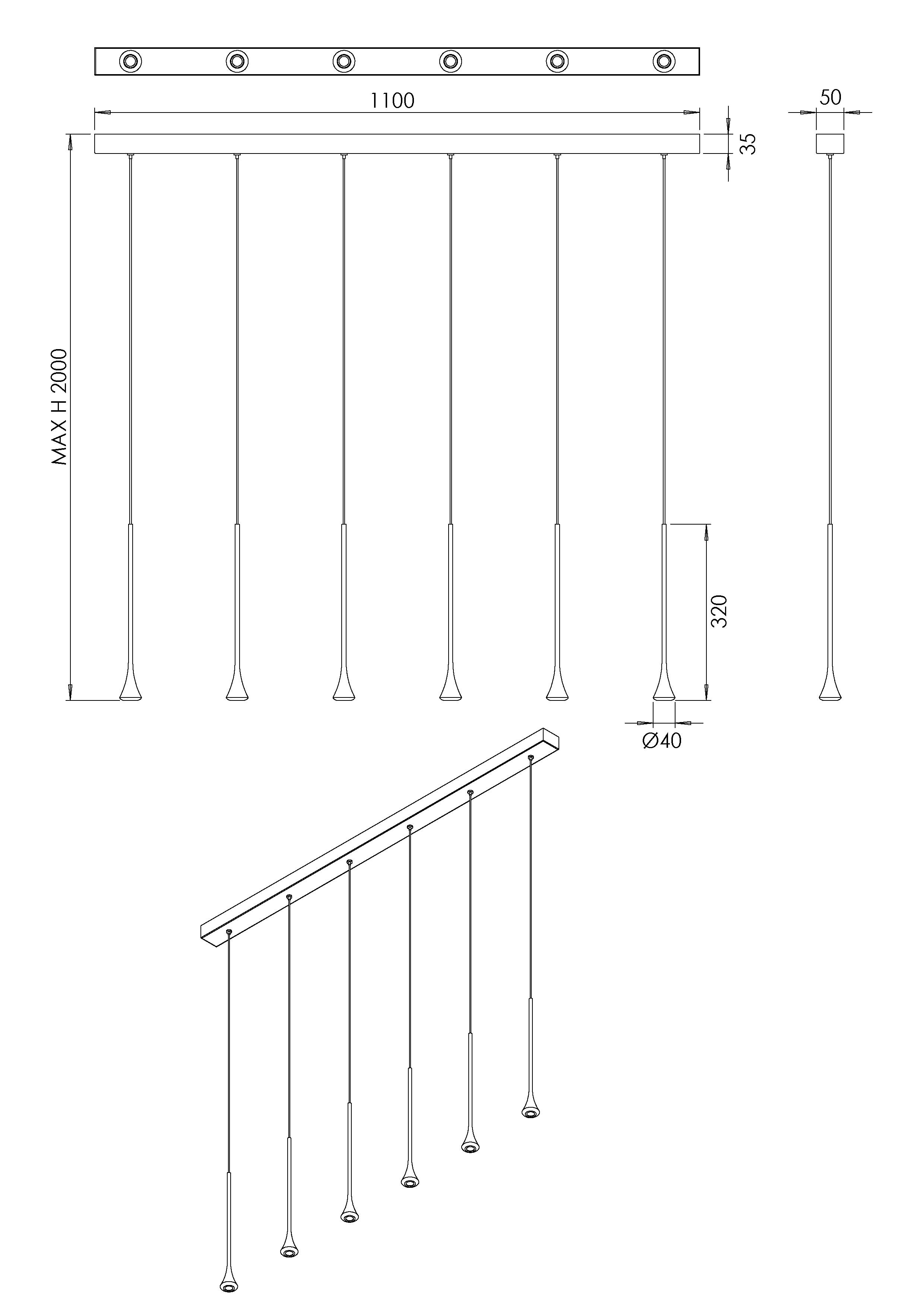 Pendel 6x5w 2790lm 3000k zwart