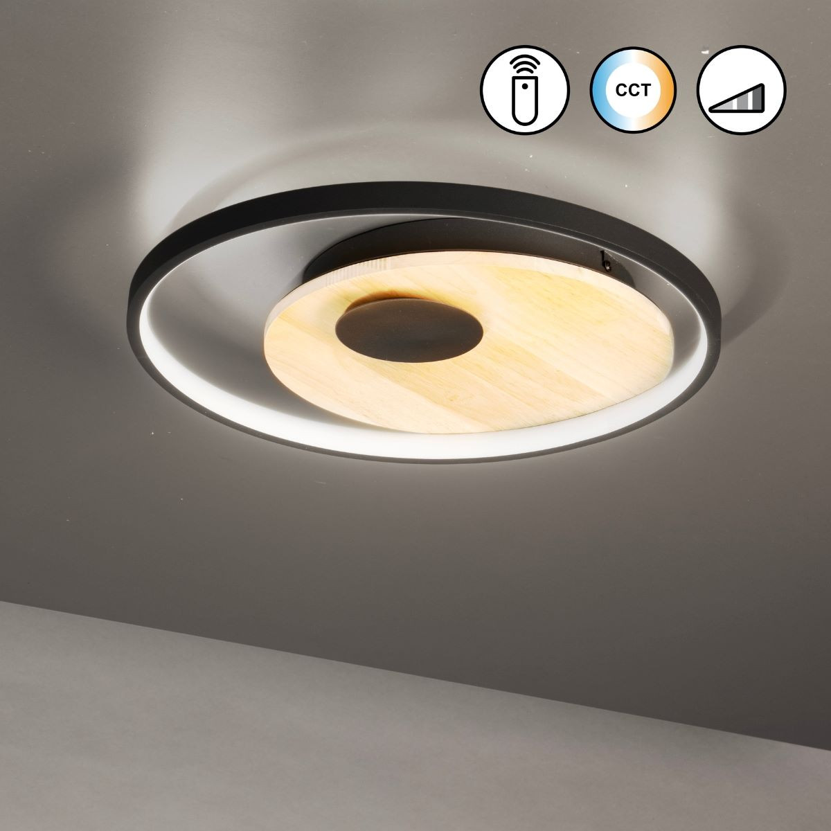 21534 MARIT Plafondlicht 25w 3500lm CCT DIM RC zwart/hout