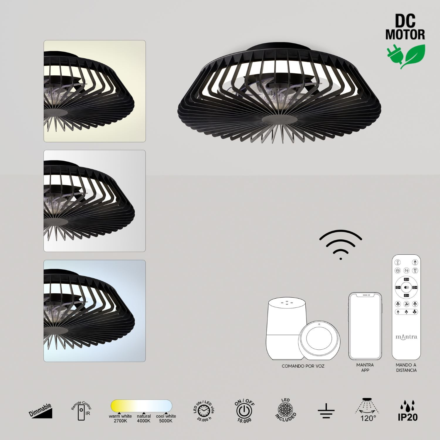 Plafondventilator 70w 4900lm CCT RemCon zwart