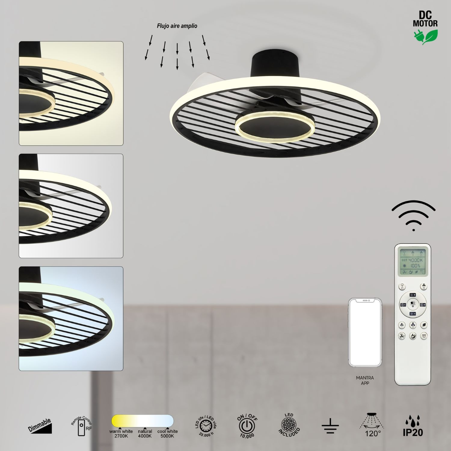 Plafondventilator 45w 4950lm CCT zwart