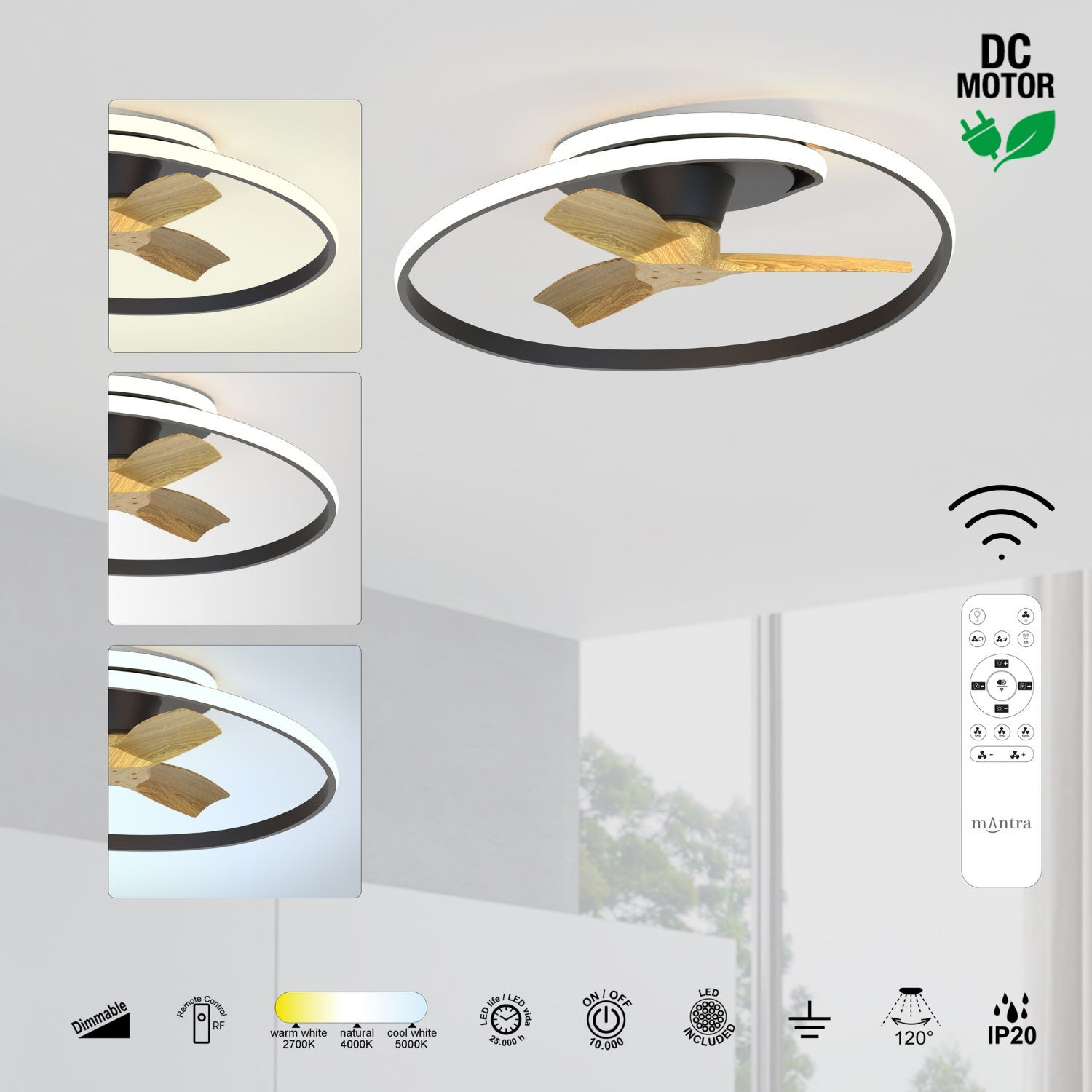 Plafondventilator 60w 6600lm CCT Zwart